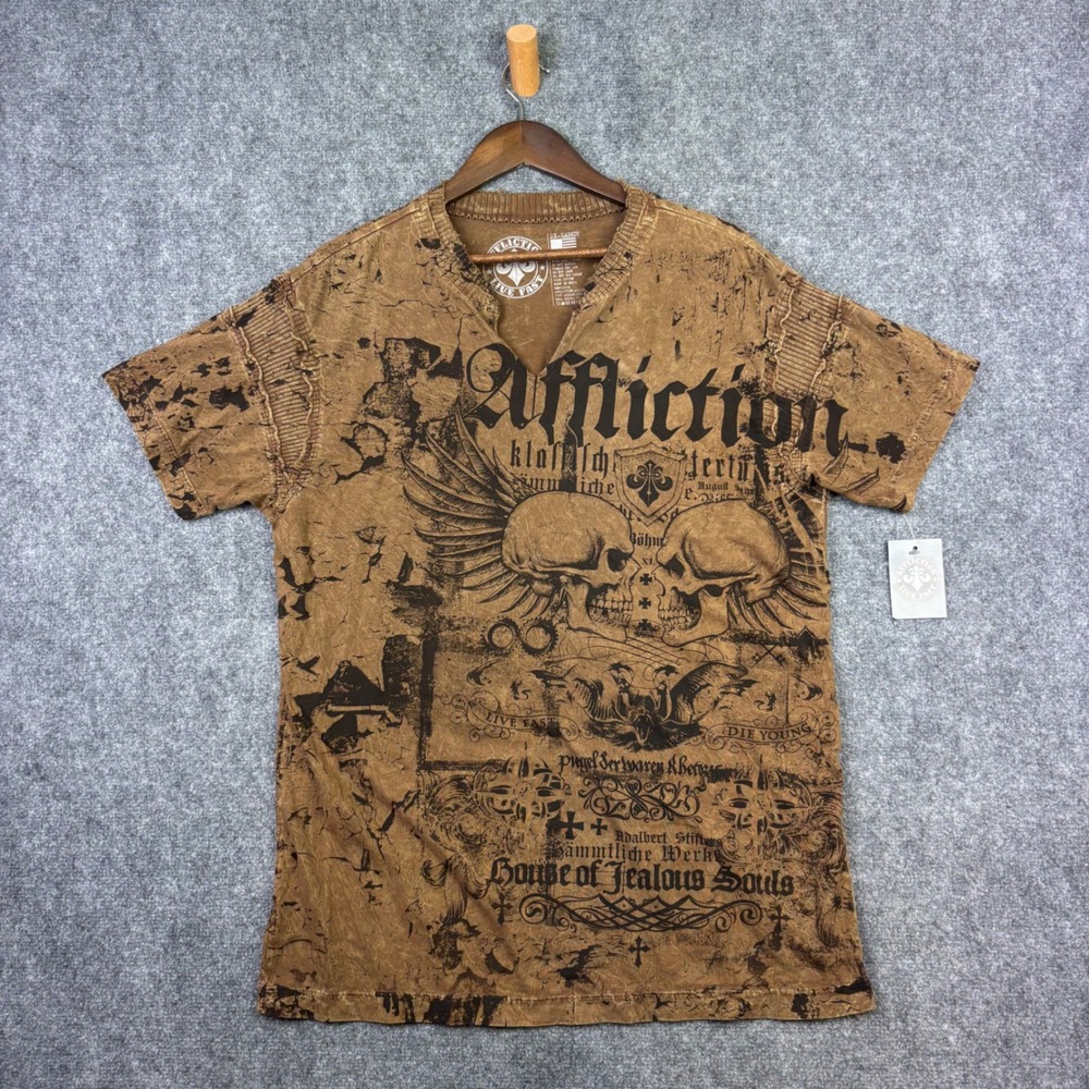 Affliction T-Shirt Mens 2XL Brown Skull Wing Graphic House of Jealous Souls NWT